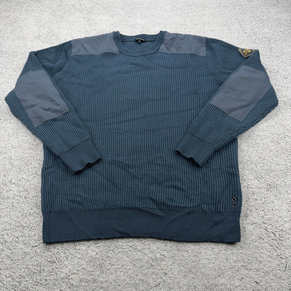 Ron Dorff Commando Sweater Men XL Blue Ribbed Wool Shoulder Elbow Patch Military